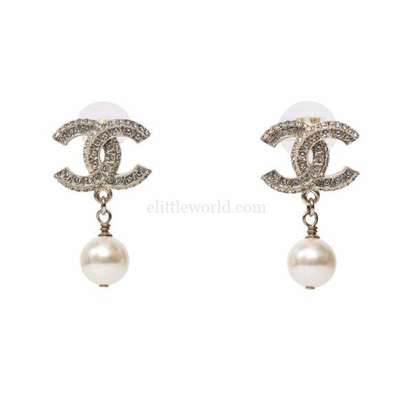【未使用品】CHANEL CC 水晶珍珠吊墜耳環 A86506 E18573