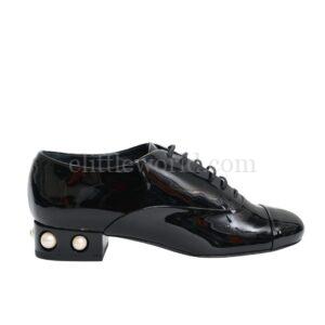 【全新】Chanel CC 漆樣珍珠繫帶牛津鞋 G32240 37 E19378