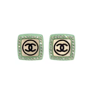 【二手】CHANEL CC 水鑽 綠色方塊耳環 PD1834