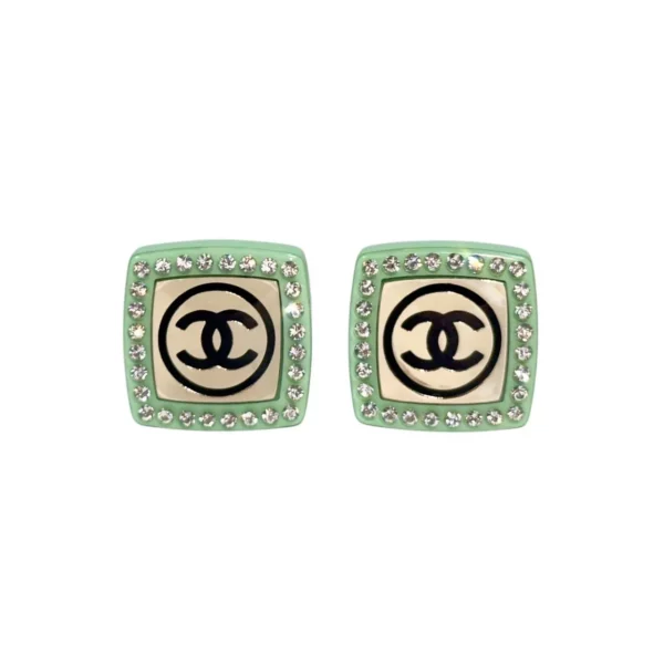 【二手】CHANEL CC 水鑽 綠色方塊耳環 PD1834