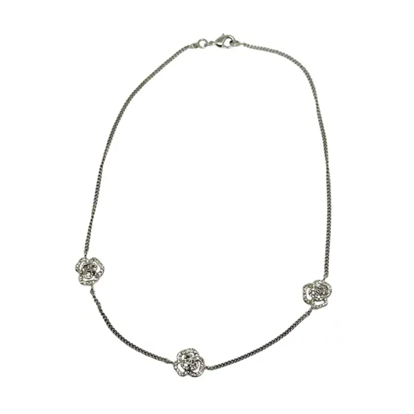 【二手】CHANEL CC 山茶花水鑽 銀色項鏈 PD1992