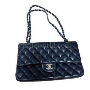 【二手】CHANEL CF 羊皮深藍色銀扣翻蓋包 PD2069