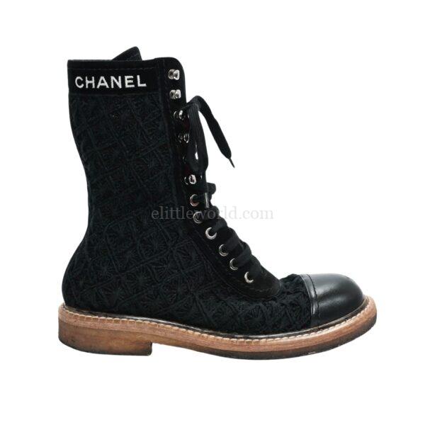 【二手】CHANEL 山茶花刺繡繫帶平底靴 G34863 37 E19084