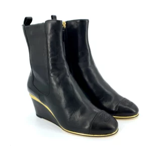 【全新】CHANEL 坡跟皮質中筒靴 G39428 35.5 E6745
