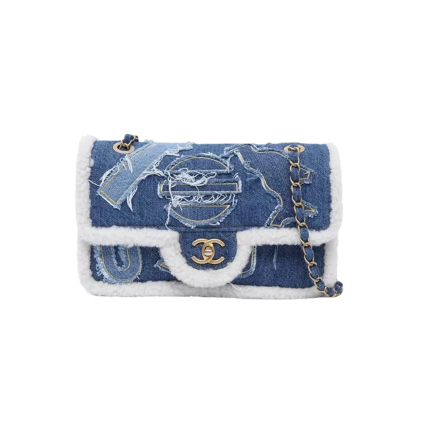 【二手】CHANEL 牛仔布羊羔毛飾邊翻蓋包 VV1099