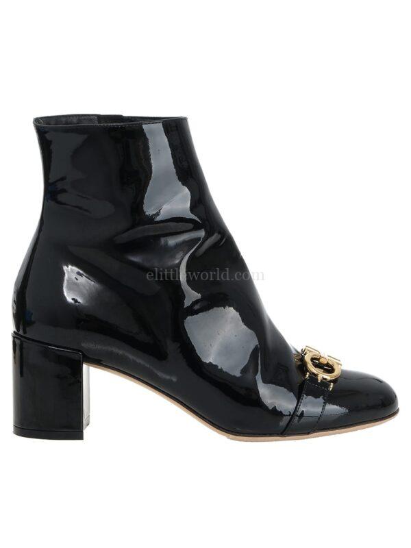 【二手】SALVATORE FERRAGAMO GANCINI 扣環漆皮及踝靴 35