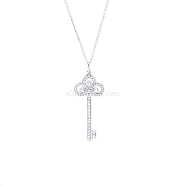 【二手】TIFFANY & CO. KEYS FLEUR DE LIS 鳶尾花滿鑽鑰匙中號18K 白金項鍊 Y0284