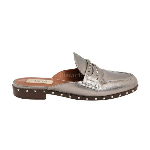 【二手】VALENTINO GARAVANI SOUL ROCKSTUD 金屬色皮革平底穆勒鞋 36 E22844