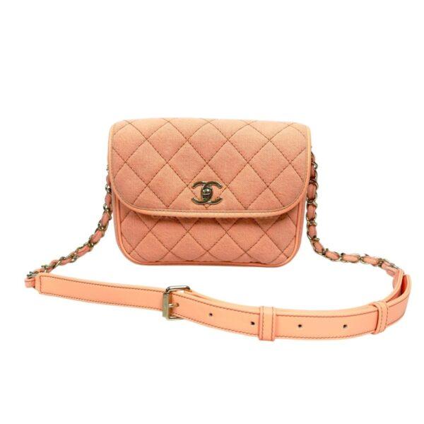 【二手】CHANEL CC 粉橙色 牛仔布郵差包 PD2692