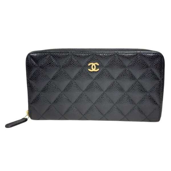 【二手】CHANEL 荔枝皮 黑金色 拉鏈 長錢包 PD3375