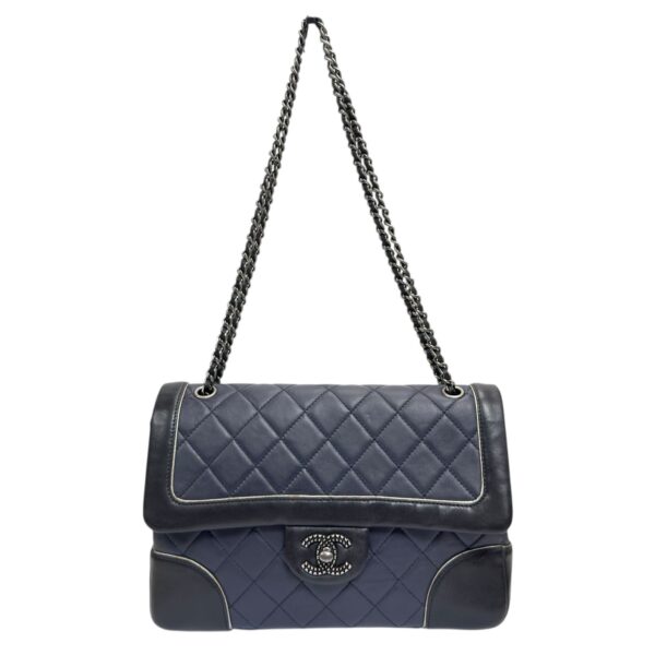 【二手】CHANEL CC 深藍拼黑色 翻蓋鏈條包 PD3544